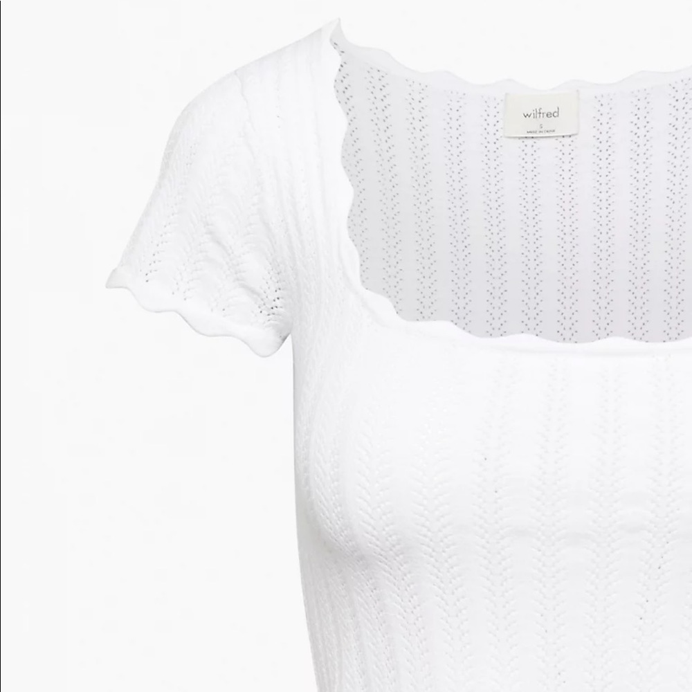 Aritzia Wilfred white Parcel Sweater Short-sleeve pointelle top medium scallop - Picture 3 of 7